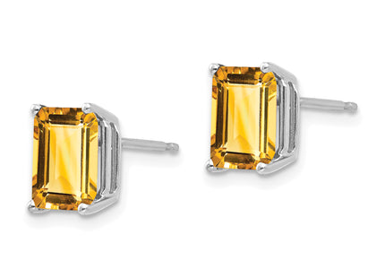 14k White Gold Emerald Cut Citrine Earrings, 9 x 6mm