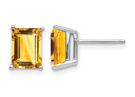 14k White Gold Emerald Cut Citrine Earrings, 9 x 6mm