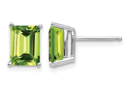 14k White Gold Emerald Cut Peridot Earrings, 9 x 6mm