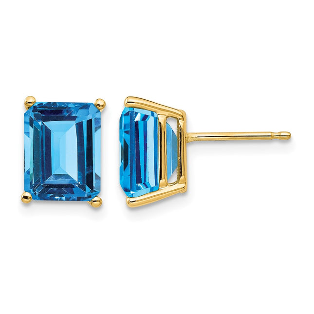 14k Emerald Cut Blue Topaz Earrings, 9 x 7mm