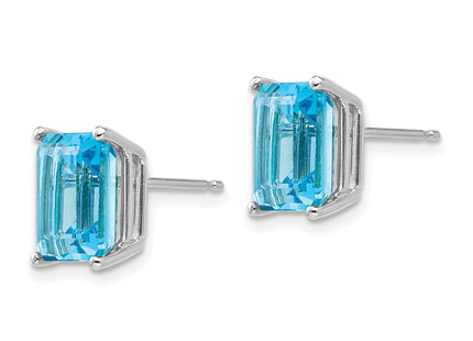 14k White Gold Emerald Cut Blue Topaz Earrings, 9 x 7mm