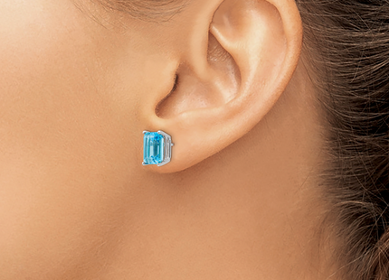 14k White Gold Emerald Cut Blue Topaz Earrings, 9 x 7mm