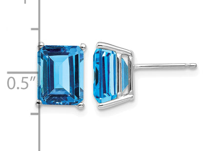 14k White Gold Emerald Cut Blue Topaz Earrings, 9 x 7mm