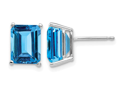 14k White Gold Emerald Cut Blue Topaz Earrings, 9 x 7mm