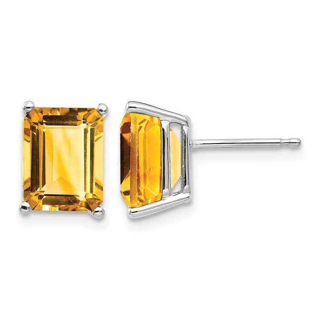 14k White Gold Emerald Cut Citrine Earrings, 9 x 7mm