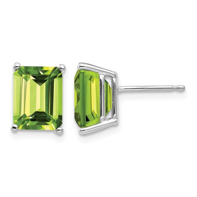 14k White Gold Emerald Cut Peridot Earrings, 9 x 7mm