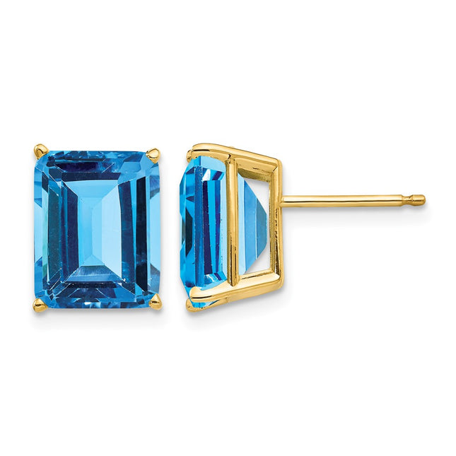 14k Emerald Cut Blue Topaz Earrings, 11 x 8mm