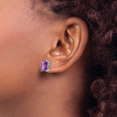 14K White Gold 10x8 Emerald Cut Amethyst Stud Earrings