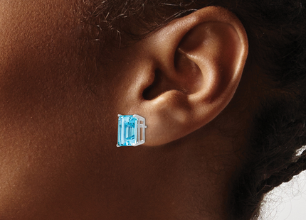 14k White Gold Emerald Cut Blue Topaz Earrings, 11 x 8mm