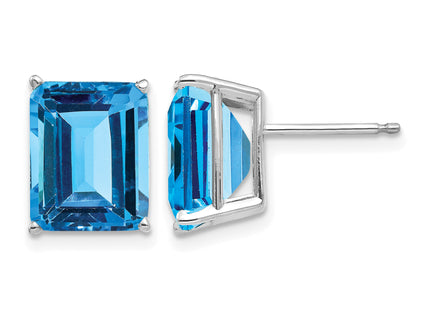 14k White Gold Emerald Cut Blue Topaz Earrings, 11 x 8mm