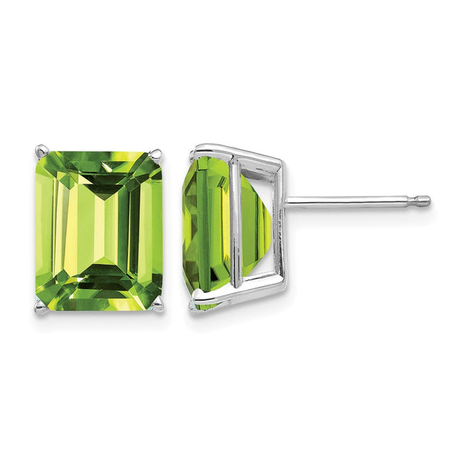 14k White Gold Emerald Cut Peridot Earrings, 11 x 8mm