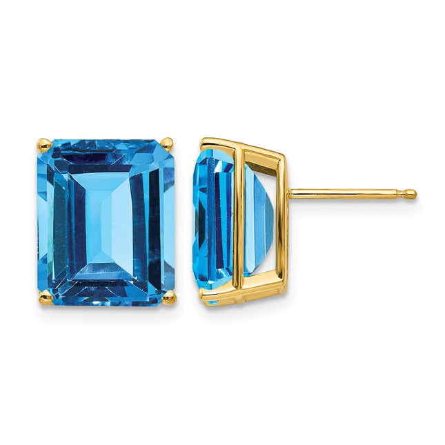 14k Emerald Cut Blue Topaz Earrings, 12 x 10mm