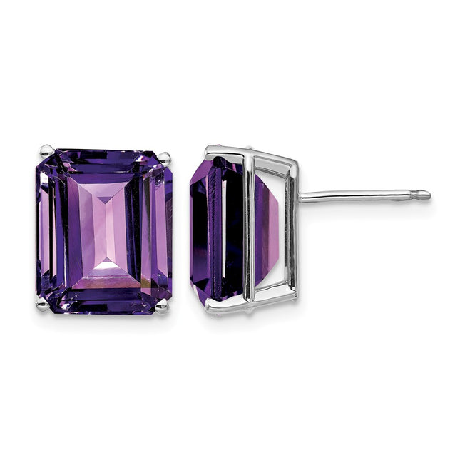 14k White Gold Emerald Cut Amethyst Earrings, 12 x 10mm