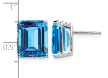 14k White Gold Emerald Cut Blue Topaz Earrings, 12 x 10mm