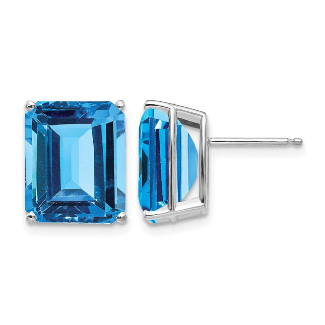 14k White Gold Emerald Cut Blue Topaz Earrings, 12 x 10mm