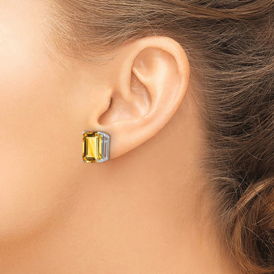 14K White Gold Emerald Cut Citrine Stud Earrings