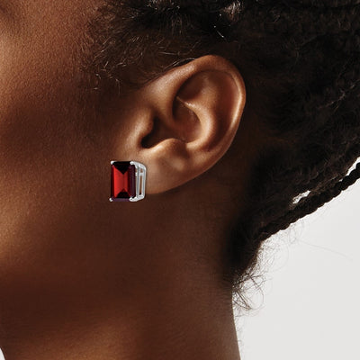14K White Gold Emerald Cut Garnet Stud Earrings