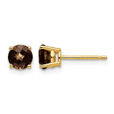 14K Round Checker-Cut Smoky Quartz Earrings, 6 x 6mm