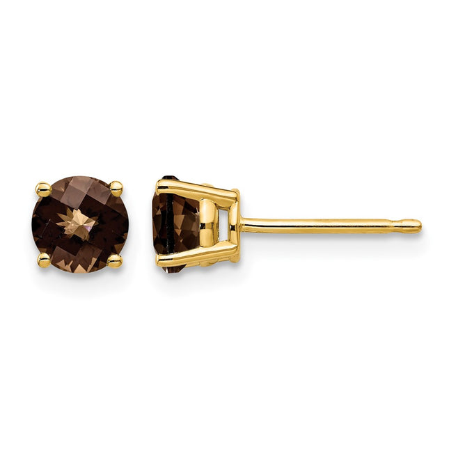14k Round Checker-Cut Smoky Quartz Earrings, 6 x 6mm