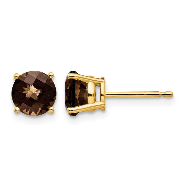 14k Round Checker-Cut Smoky Quartz Earrings, 7 x 7mm