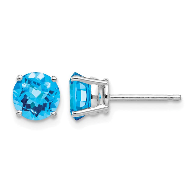 14k White Gold Blue Topaz Checker Earrings, 6 x 6mm