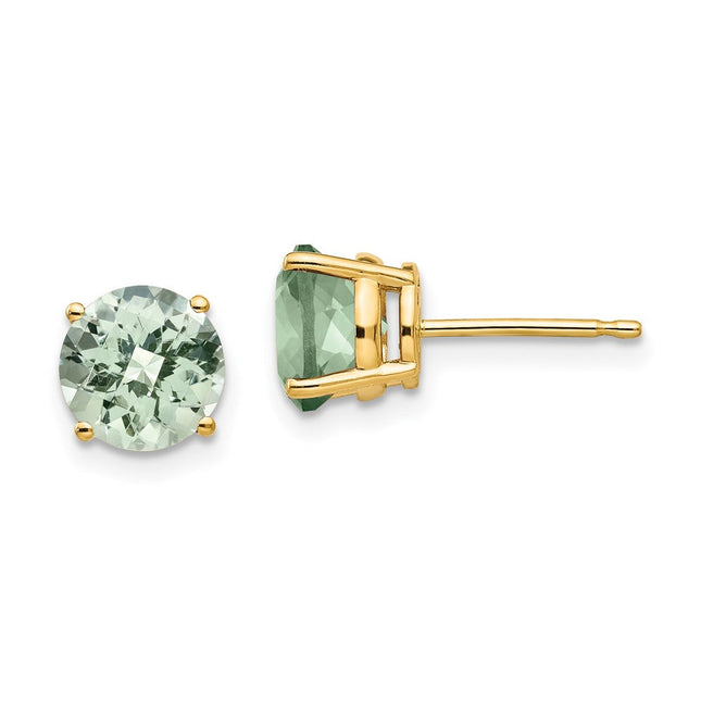 14k Round Checker-Cut Green Quartz Earrings, 8 x 8mm