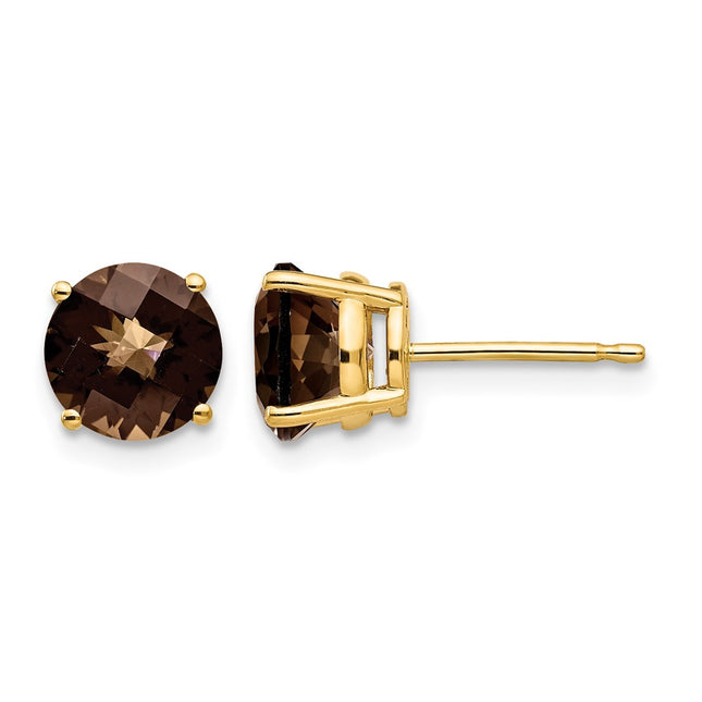14k Round Checker-Cut Smoky Quartz Earrings, 8 x 8mm
