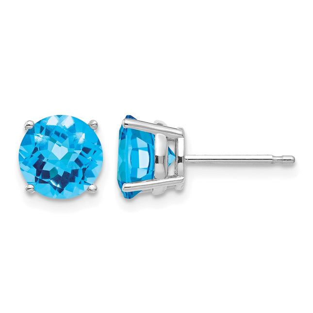 14k White Gold Blue Topaz Checker Earrings, 7 x 7mm