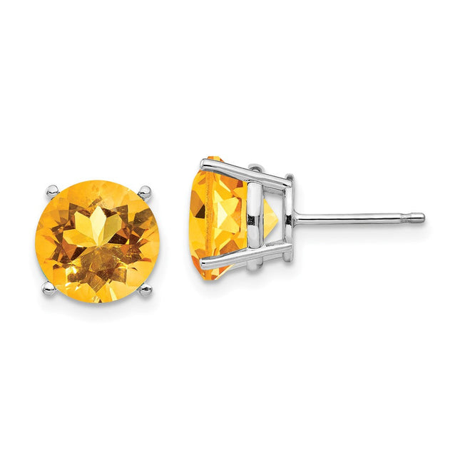 14k White Gold Citrine Round Stud Earrings, 9 x 9mm