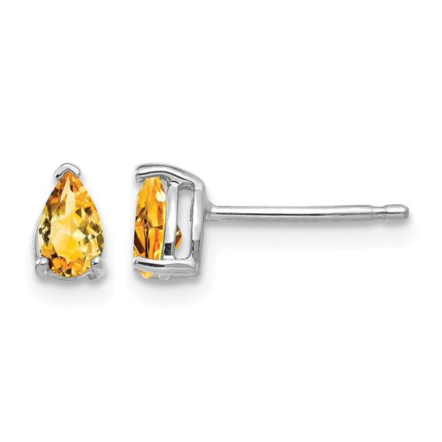 14k White Gold Citrine Pear Stud Earrings, 6 x 3mm