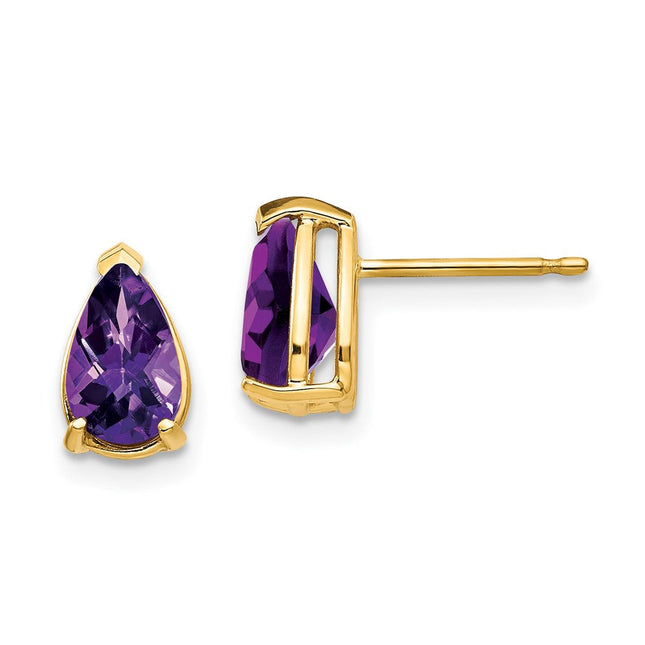 14k Pear Amethyst Checker Earrings, 9 x 5mm