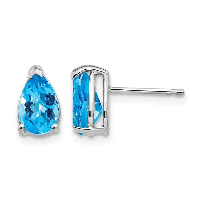 14k White Gold Pear Blue Topaz Checker Earrings, 9 x 5mm