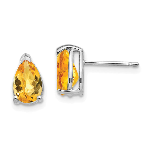 14k White Gold Pear Citrine Checker Earrings, 9 x 5mm