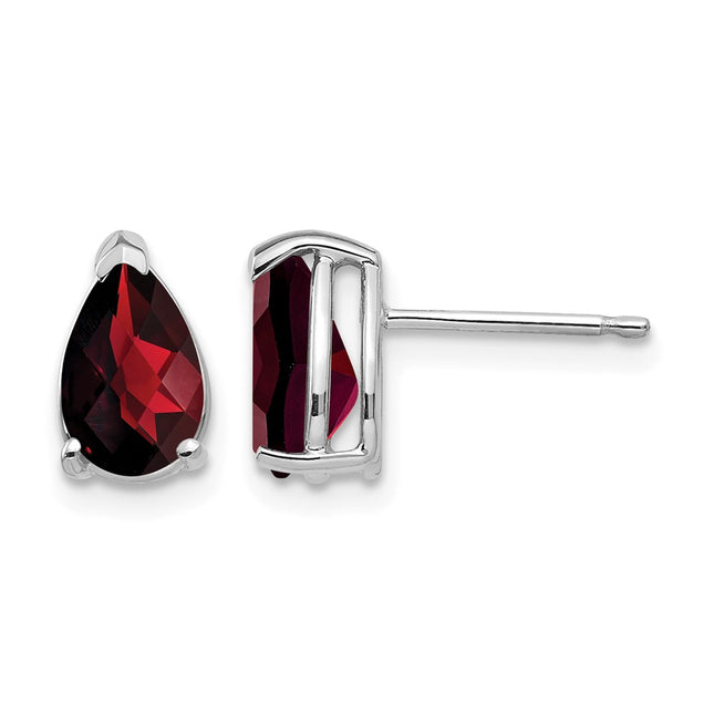 14k White Gold Pear Garnet Checker Earrings, 9 x 5mm