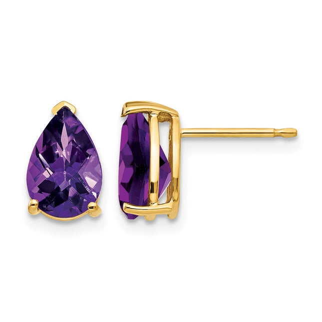 14k Pear Amethyst Checker Earrings, 10 x 6mm