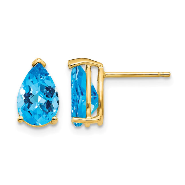 14k Pear Blue Topaz Checker Earrings, 10 x 6mm