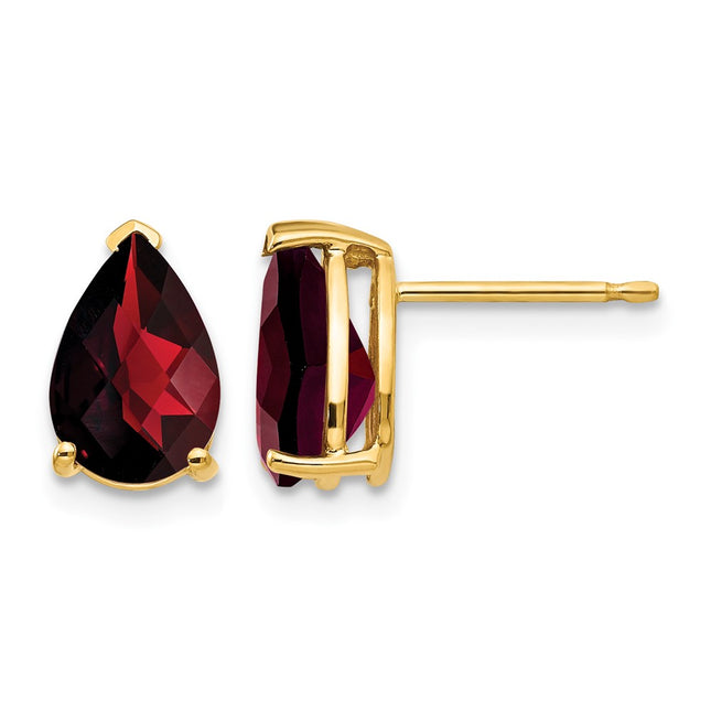 14k Pear Garnet Checker Earrings, 10 x 6mm