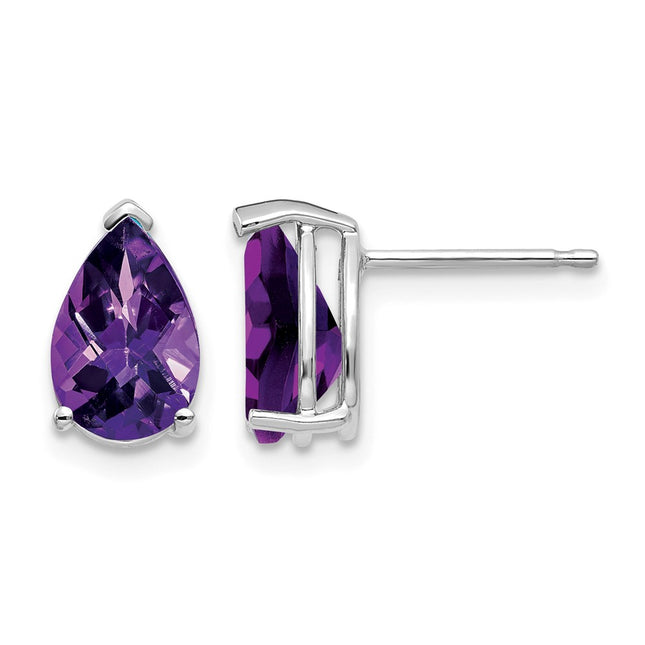 14k White Gold Pear Amethyst Checker Earrings, 10 x 6mm