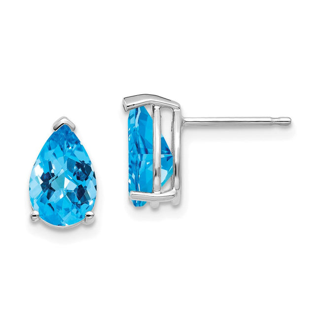 14k White Gold Pear Blue Topaz Checker Earrings, 10 x 6mm