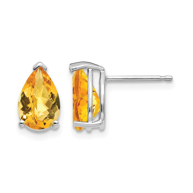 14k White Gold Pear Citrine Checker Earrings, 10 x 6mm