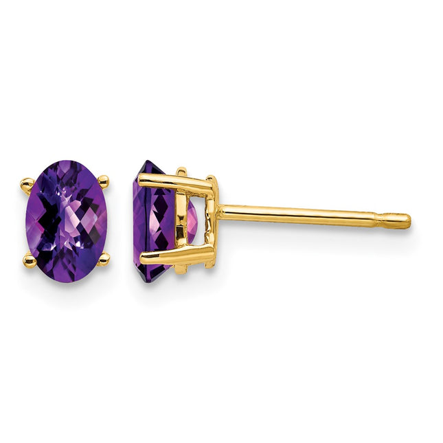 14k Oval Amethyst Checker Earrings, 6 x 4mm