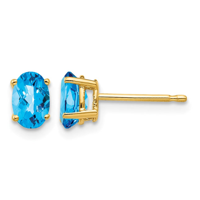 14k Oval Blue Topaz Checker Earrings, 6 x 4mm