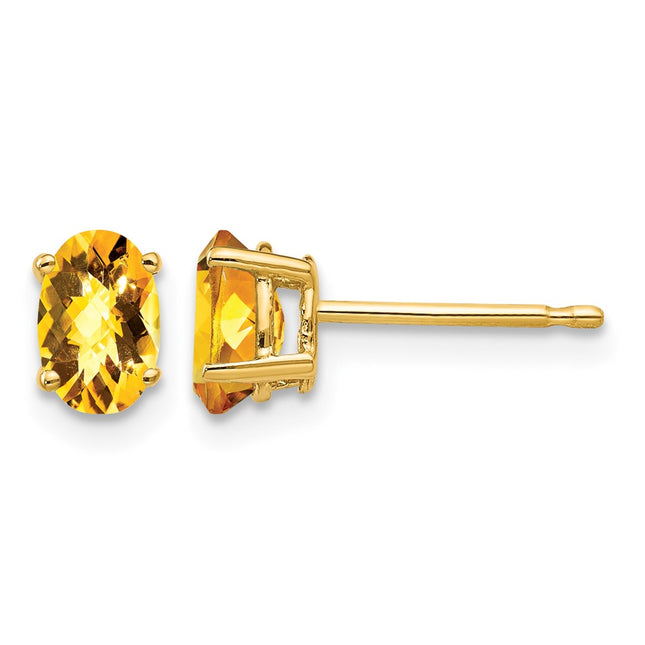 14k Oval Citrine Checker Earrings, 6 x 4mm