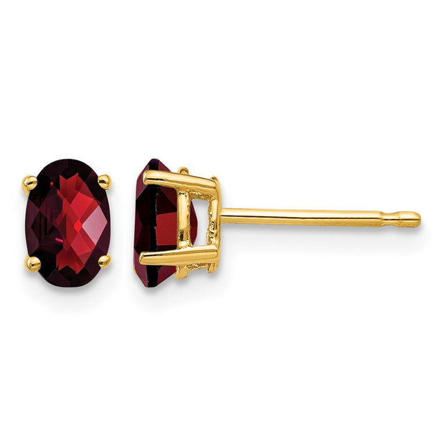 14k Oval Garnet Checker Earrings, 6 x 4mm