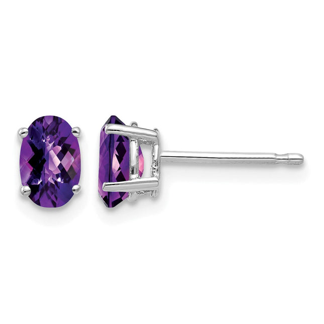 14k White Gold Oval Amethyst Checker Earrings, 6 x 4mm