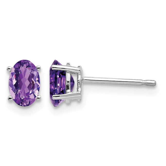 14k White Gold Oval Amethyst Earrings, 6 x 4mm