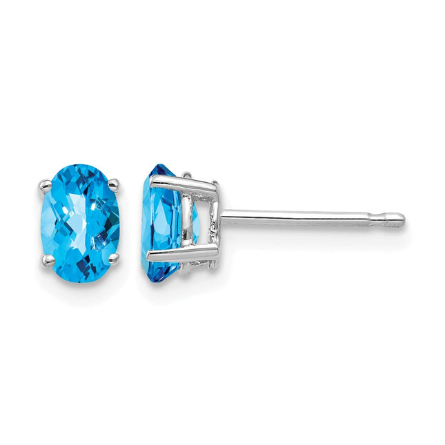 14k White Gold Oval Blue Topaz Checker Earrings, 6 x 4mm