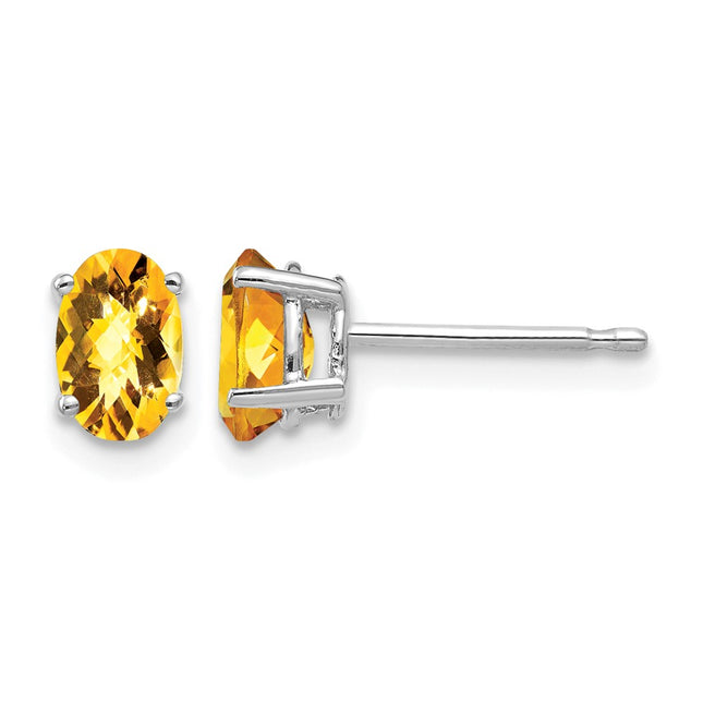 14k White Gold Oval Citrine Checker Earrings, 6 x 4mm
