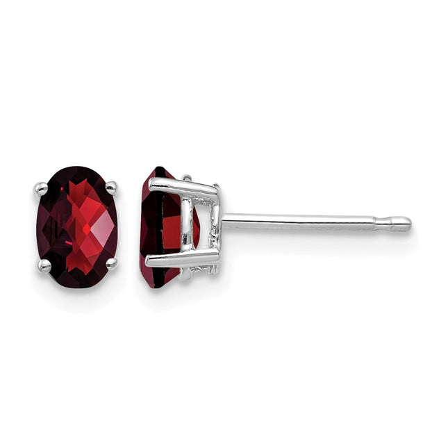 14k White Gold Oval Garnet Checker Earrings, 6 x 4mm