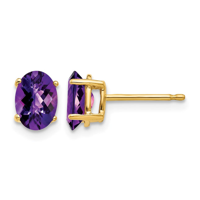 14k Oval Amethyst Checker Earrings, 7 x 5mm